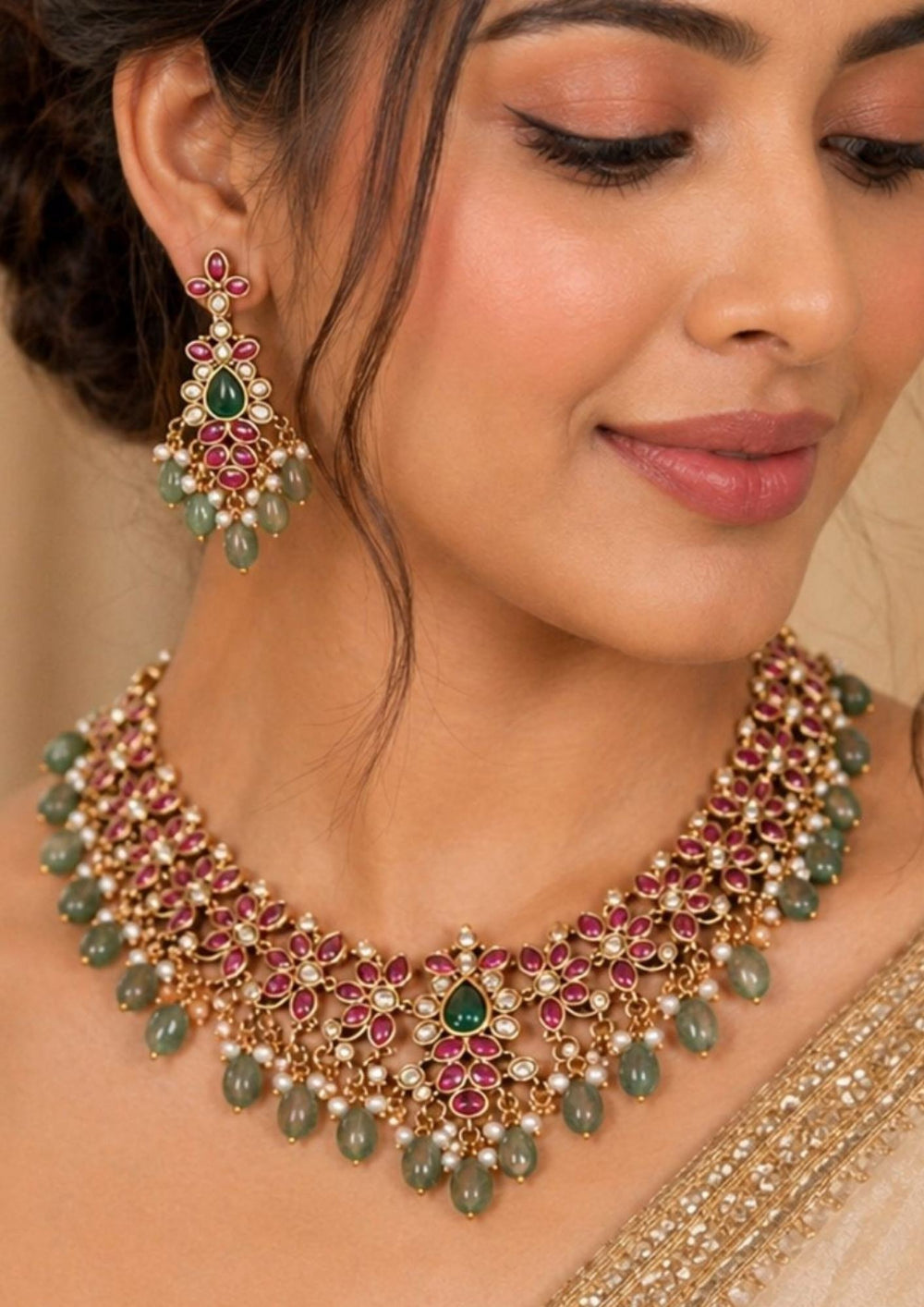 South indian women wearing Traditional style 18K gold plated Jadau choker necklace set designed with a red stone border band, sparkling kundan outlines, a central crescent pendant, and rows of hanging white pearl drops that give a graceful traditional look for festive celebrations, poojas, family functions, and bridal outfits.