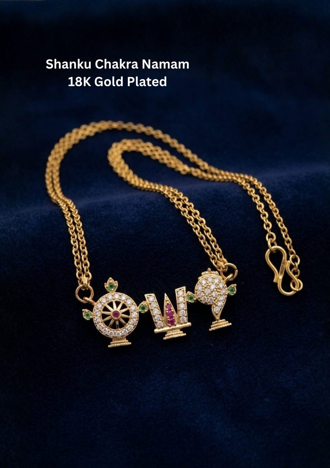 Shanku Chakra Namam 18K gold plated chain necklace designed with white zircon diamonds with vibrant red and green stone highlights on the symbols. It has a premium gold finish, is lightweight, and comfortable to wear. Suitable for daily use, pooja, weddings, festivals, functions, and family occasions. It is sweat-proof, anti-fade, skin-friendly, and easy to wear for long hours.