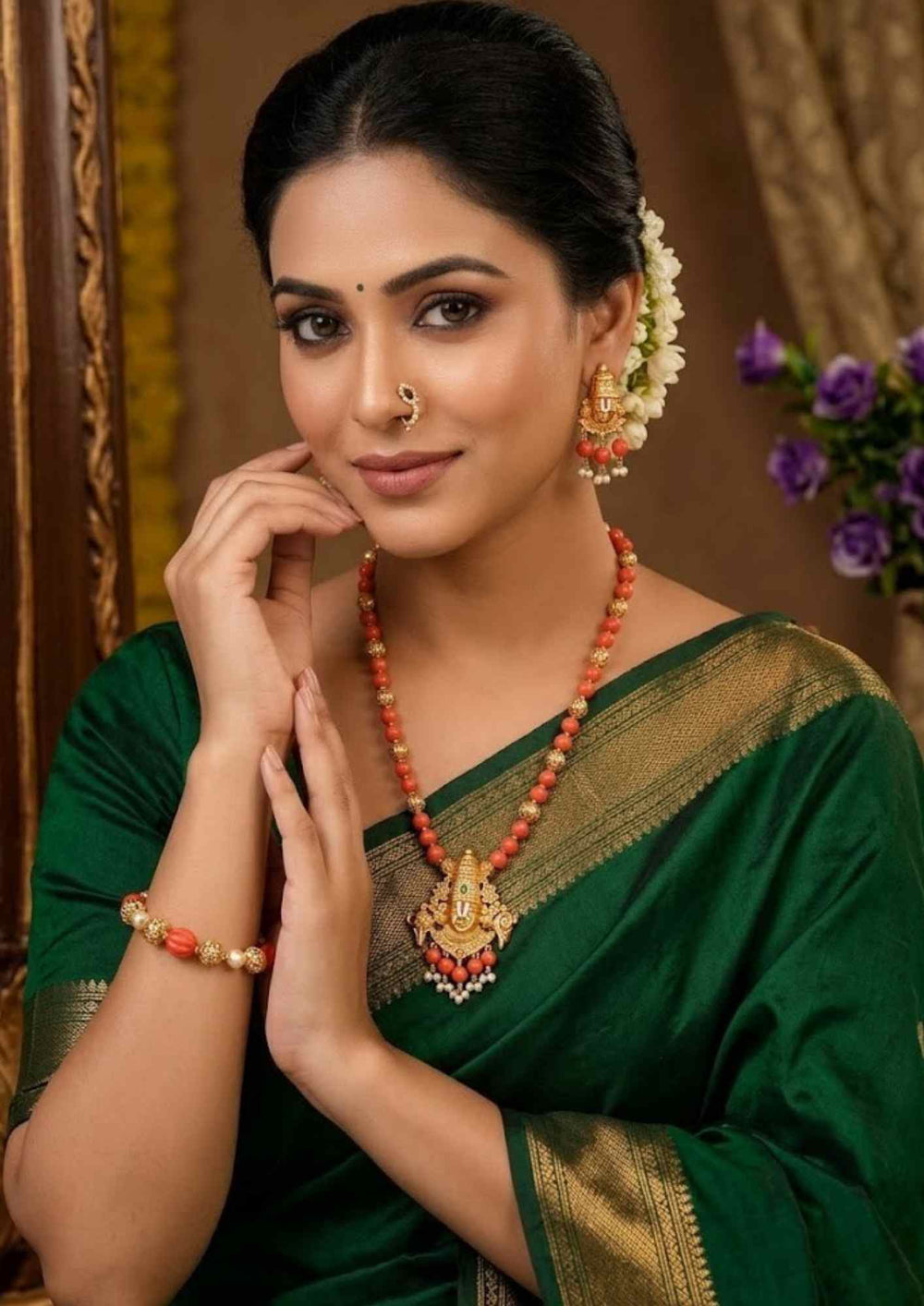 Kundan Gold Plated Temple Balaji Coral Beads Necklace Set with Bracelets Combo 