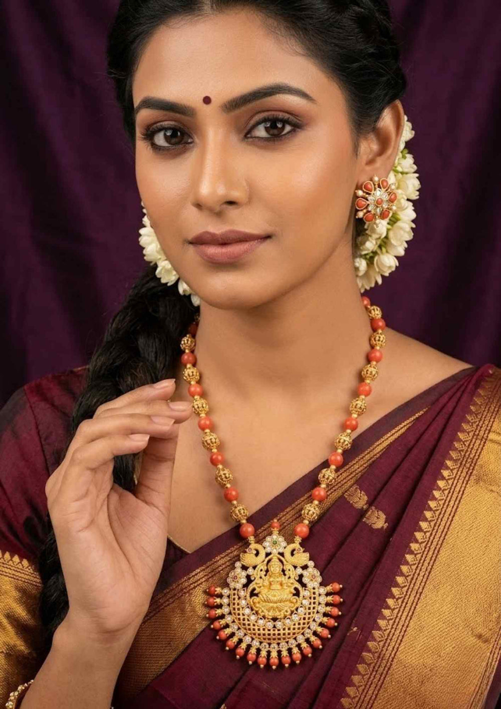 Kundan Gold Plated Temple Lakshmi Coral Beads Necklace and Screwback Studs Combo 

