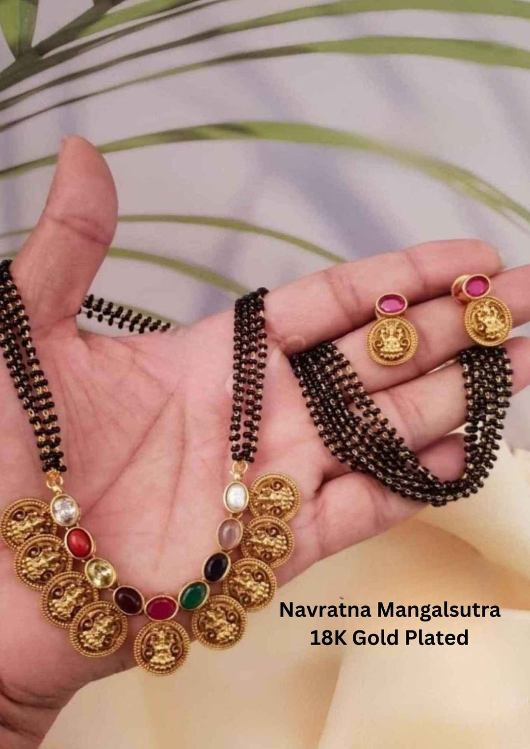 Kundan Gold Plated Temple Lakshmi Kasula Mangalsutra with Navratna stones 