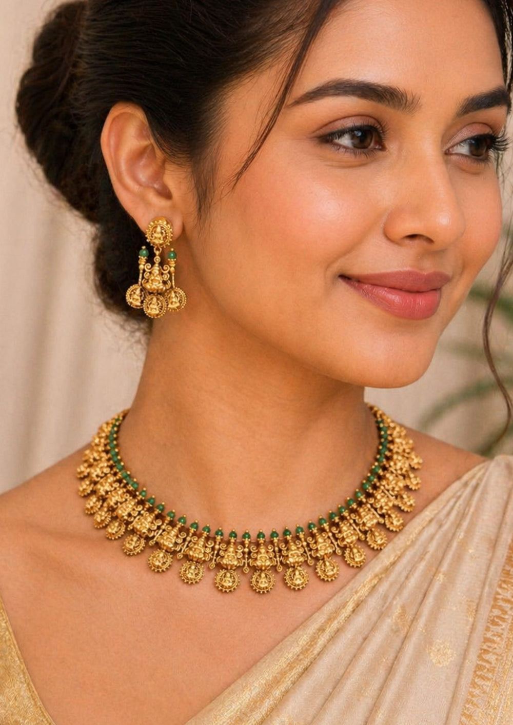 South indian women wearing Traditional style gold plated temple long haram necklace designed with structured Nakshi panels of Goddess Laxmi, green bead accents, and an elegant matte gold finish that gives a graceful traditional look for festive celebrations, poojas, family functions, and bridal outfits.