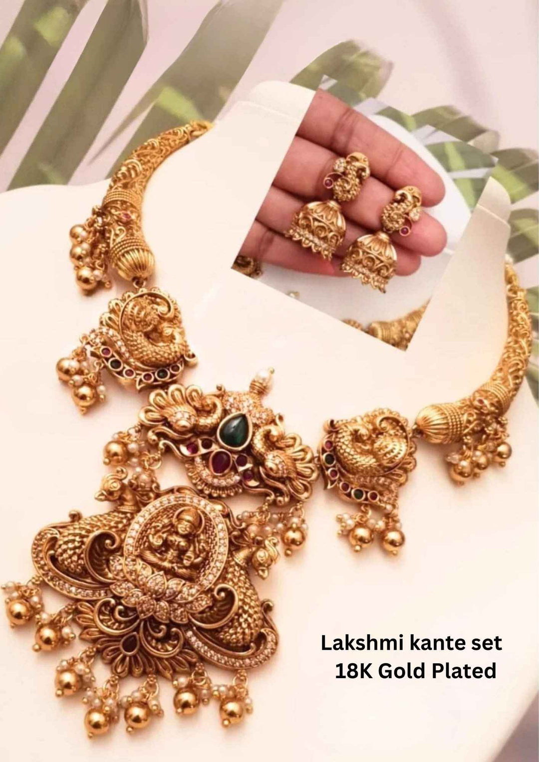 Kundan Gold Plated Temple Laxmi Devi Nakshi Necklace With Earrings