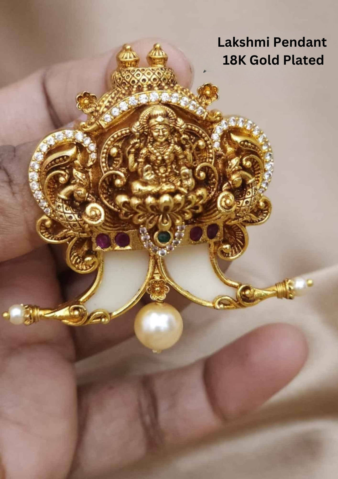 Kundan Gold Plated Temple Laxmi Devi Pendant (Puli Goru) 