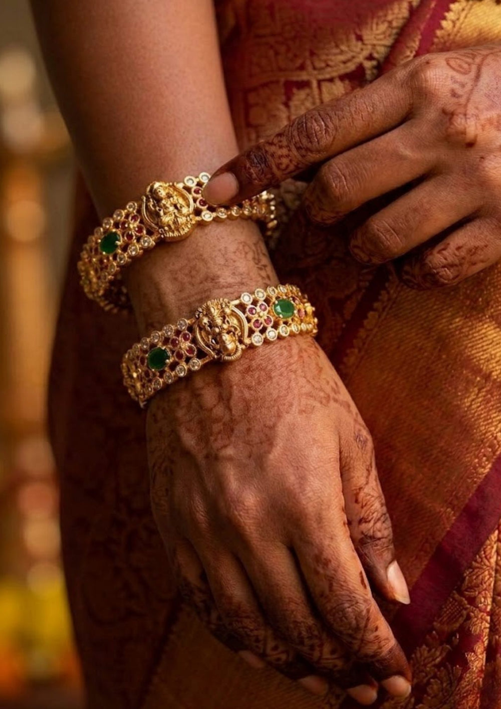 Kundan Gold Plated Temple Laxmi Emerald Bangles (set of 2)  Model Pic