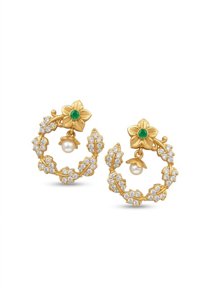 gold plated leaf earrings which shows in white background and in earrings shown very clear in picture and also in image it shows as in half moon shape and it called earrings and can use for daily ware, office ware , and for gifting