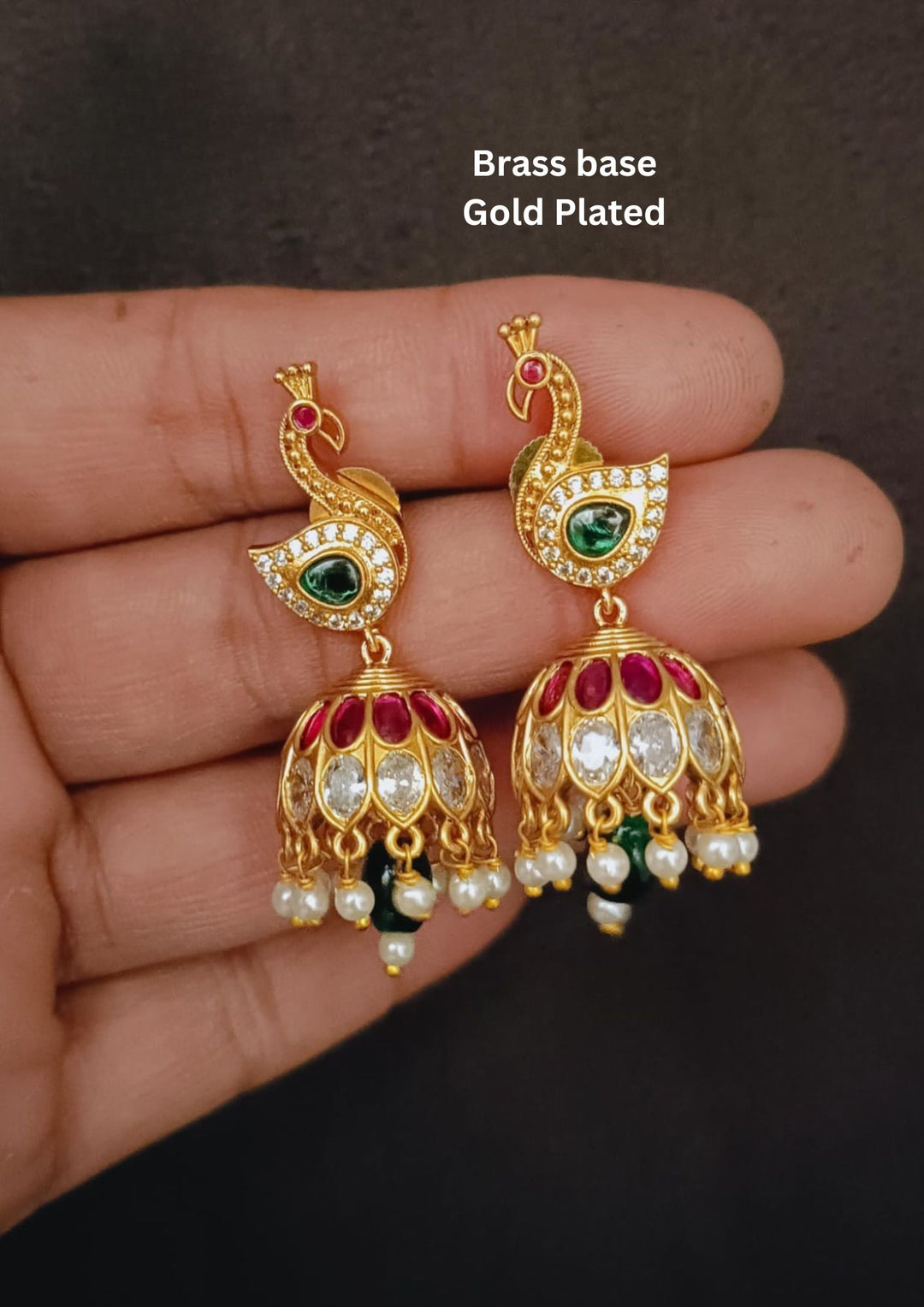 Kundan Pearl Drop Gold Plated Peacock Jhumkas