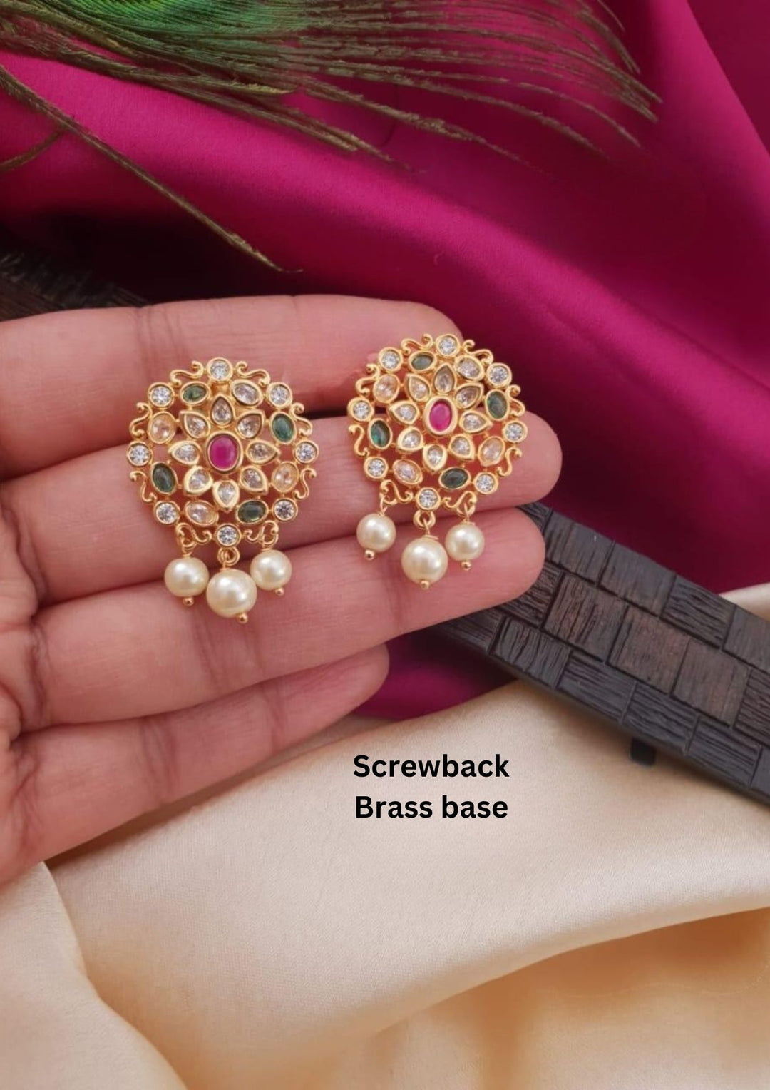 Kundan Pearl Drop Gold Plated Screwback Flower Earrings