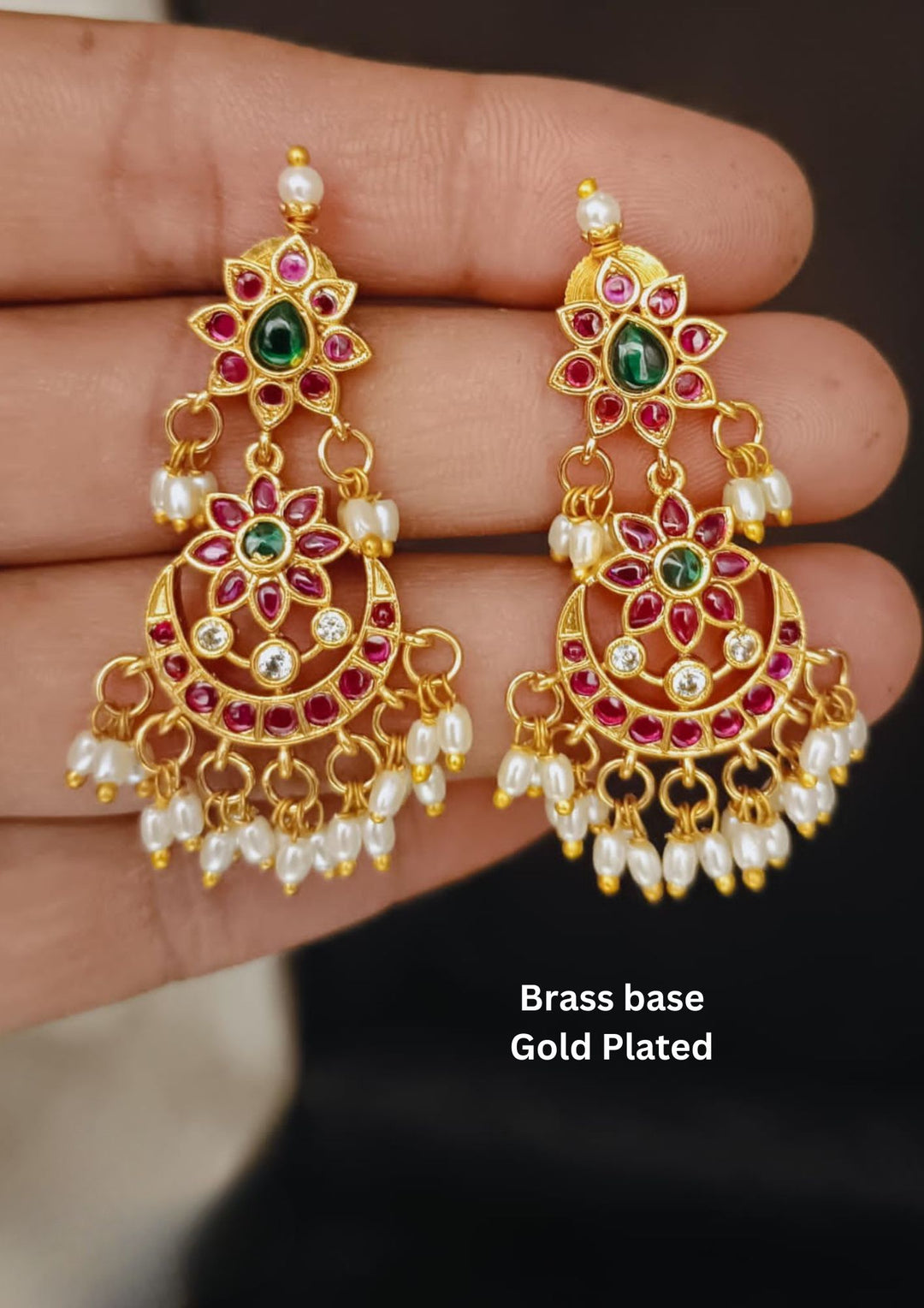 Kundan Pearl Drop Kemp Chandbali Earrings