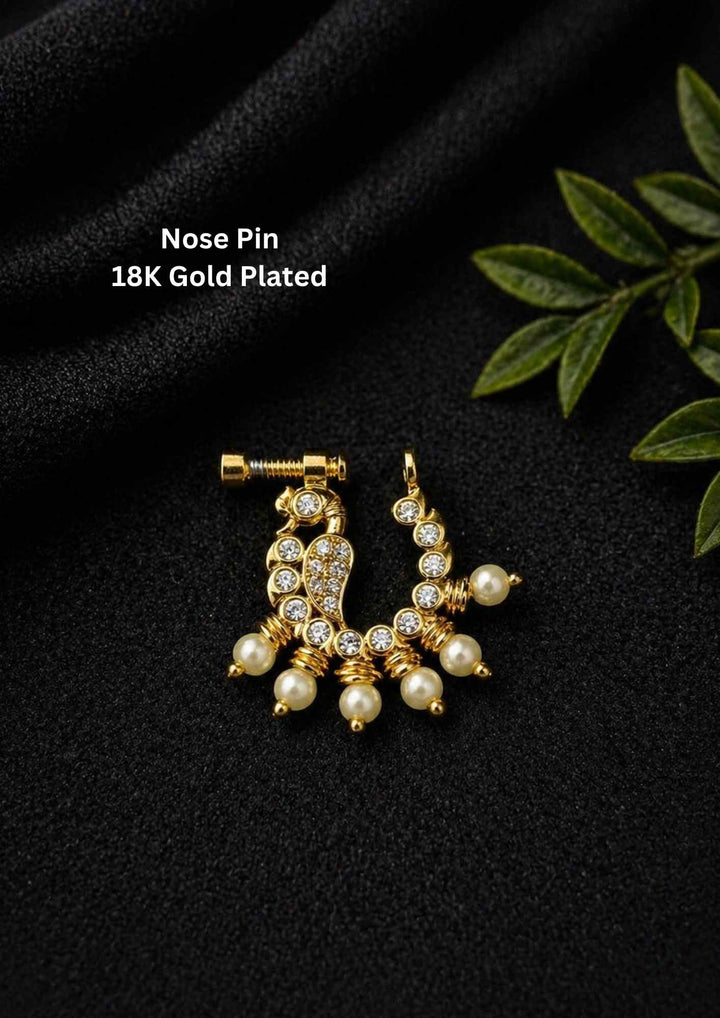 Kundan Pearls Gold Plated Screw Nose Pin / Nath 