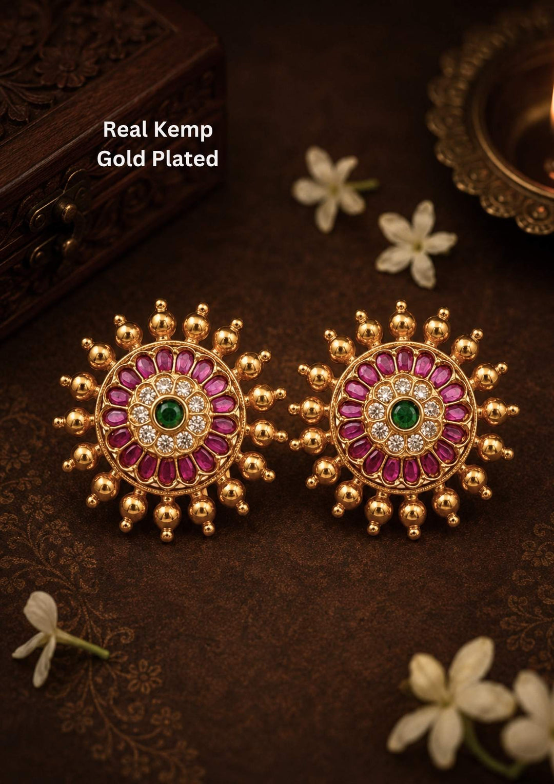 Gold-plated Jadau kundan real kemp studs  come with red gemstone and looks very elegant and  comes with much detailed look and can use for daily ware, functional ware, festive ware and perfect for gifting 