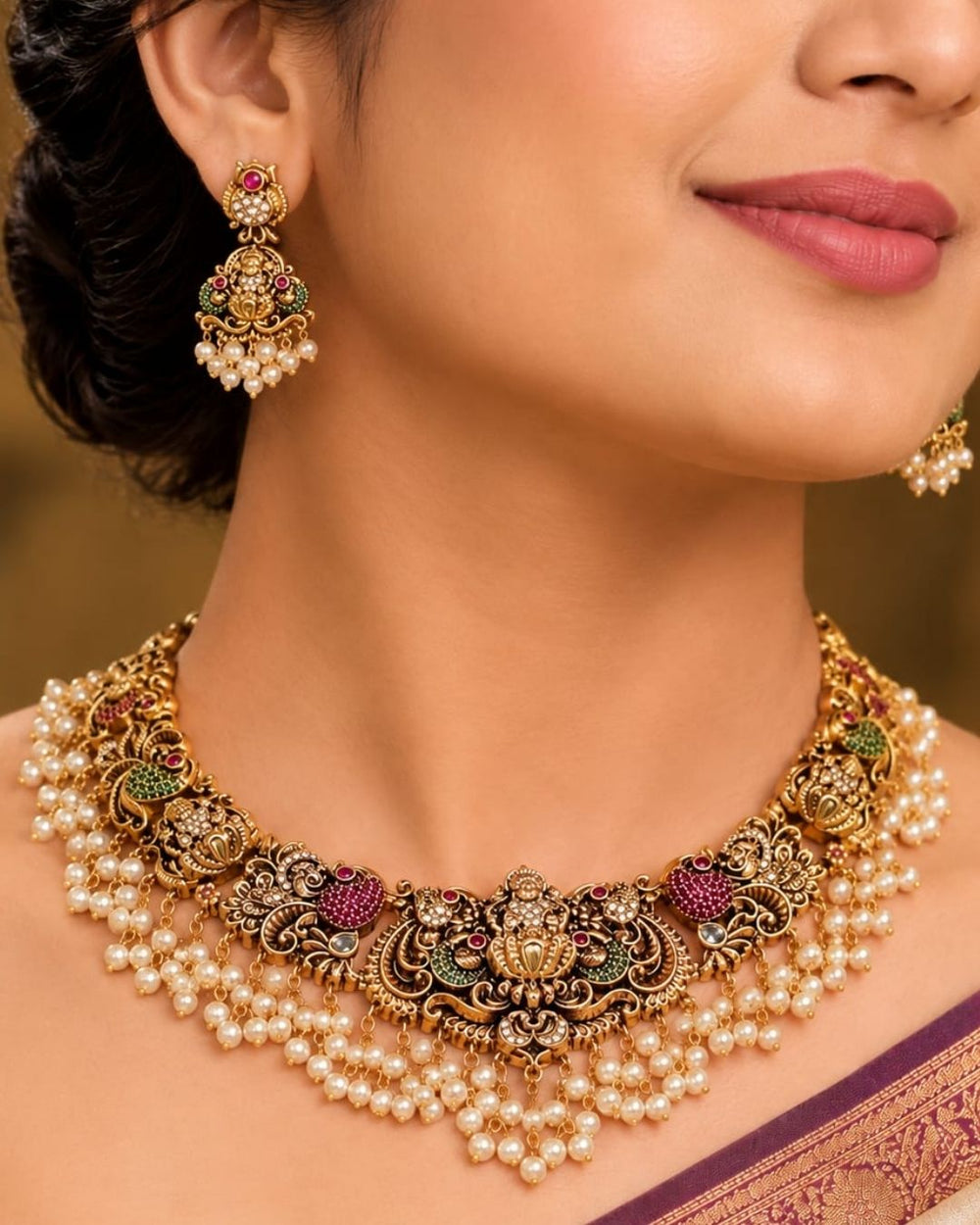 South indian women's Elegant antique gold plated temple choker necklace adorned with Lakshmi and peacock motifs, ruby and green stone accents, pearl drops, and matching earrings.