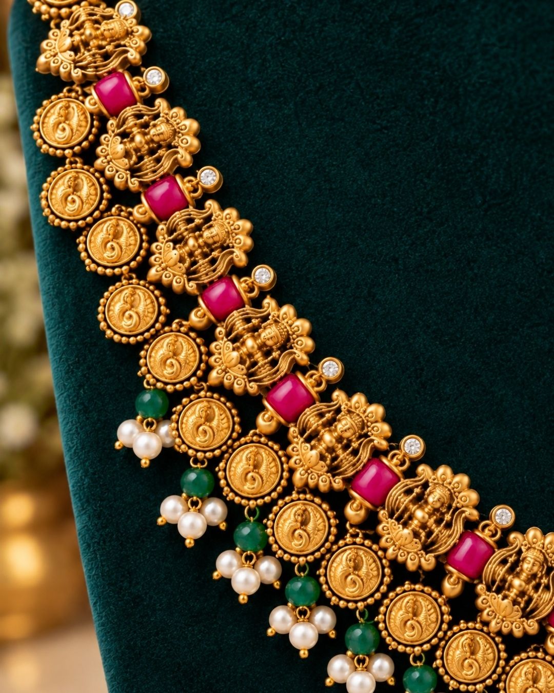 Elegant gold plated Lakshmi coin haram with detailed temple motifs, green beads, pearl drops, and matching Lakshmi earrings displayed on a teal jewellery bust.