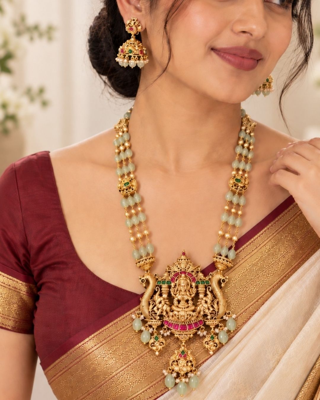 Jadau Kundan Gold Plated Laxmi Temple necklace set with matching jhumka earrings designed with three  rows of pastel green beads and gold pearls with gold pendant with Goddess Laxmi, peacocks, ruby red stones, and hanging bead drops. perfect for weddings, festivals, receptions, and cultural South Indian jewellery styling.