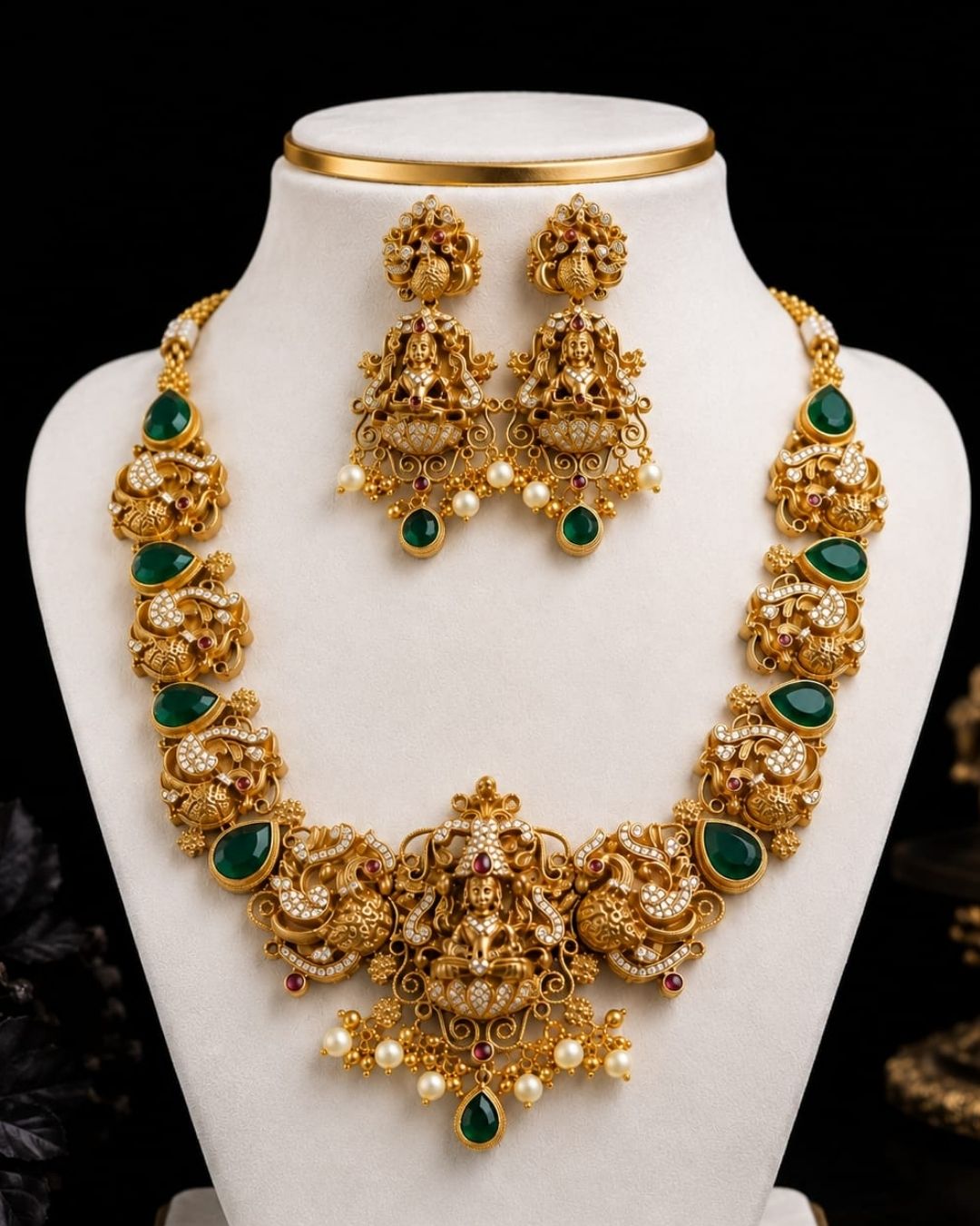 Premium antique gold plated Lakshmi
necklace and earrings set crafted with intricate temple-inspired detailing, sparkling stones, green accents, and pearl embellishments.
