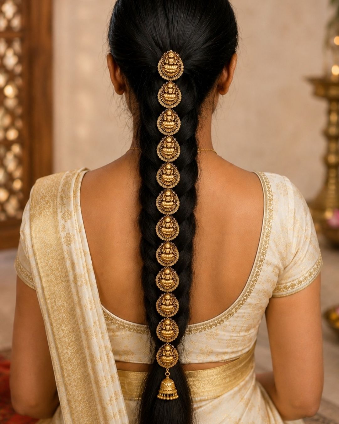 A pair of gold-plated traditional Indian hair accessories, featuring a long chain of ornate circular jhumka-style beads and a matching floral garland, displayed on a dark brown satin fabric background with decorative dried flowers.