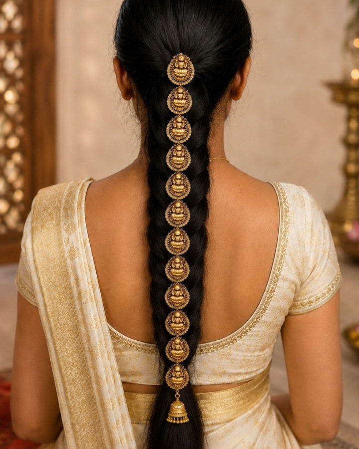 A pair of gold-plated traditional Indian hair accessories, featuring a long chain of ornate circular jhumka-style beads and a matching floral garland, displayed on a dark brown satin fabric background with decorative dried flowers.