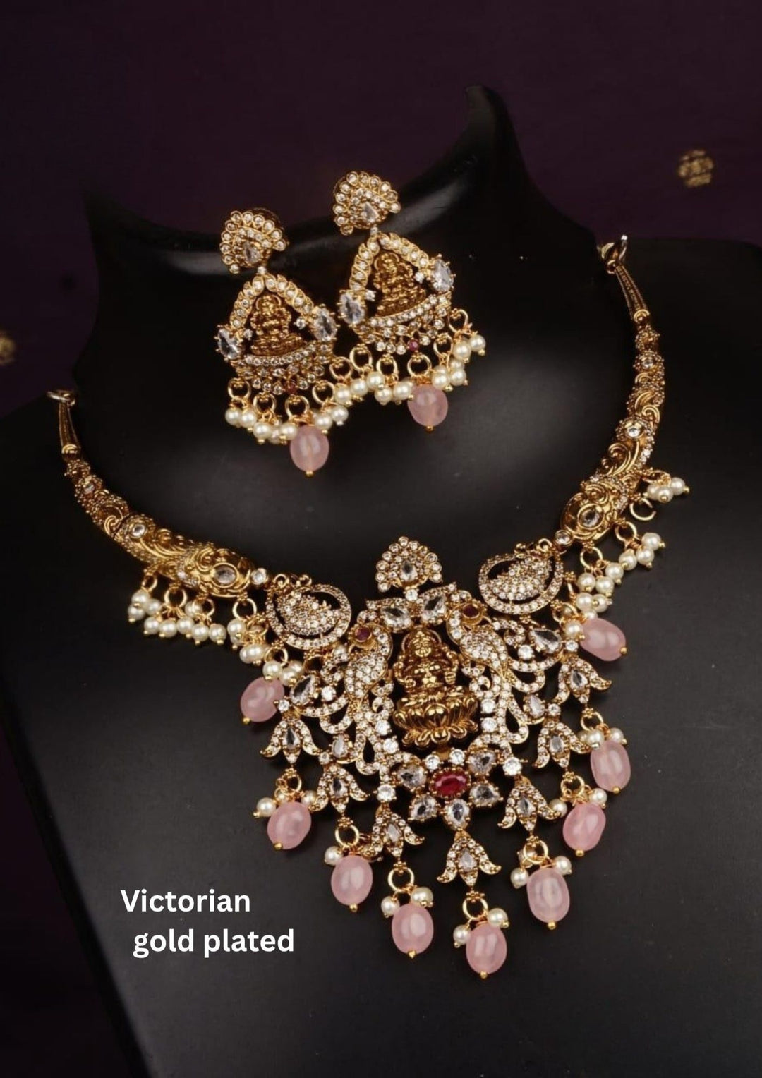 Gold Plated Lakshmi Necklace with Earrings