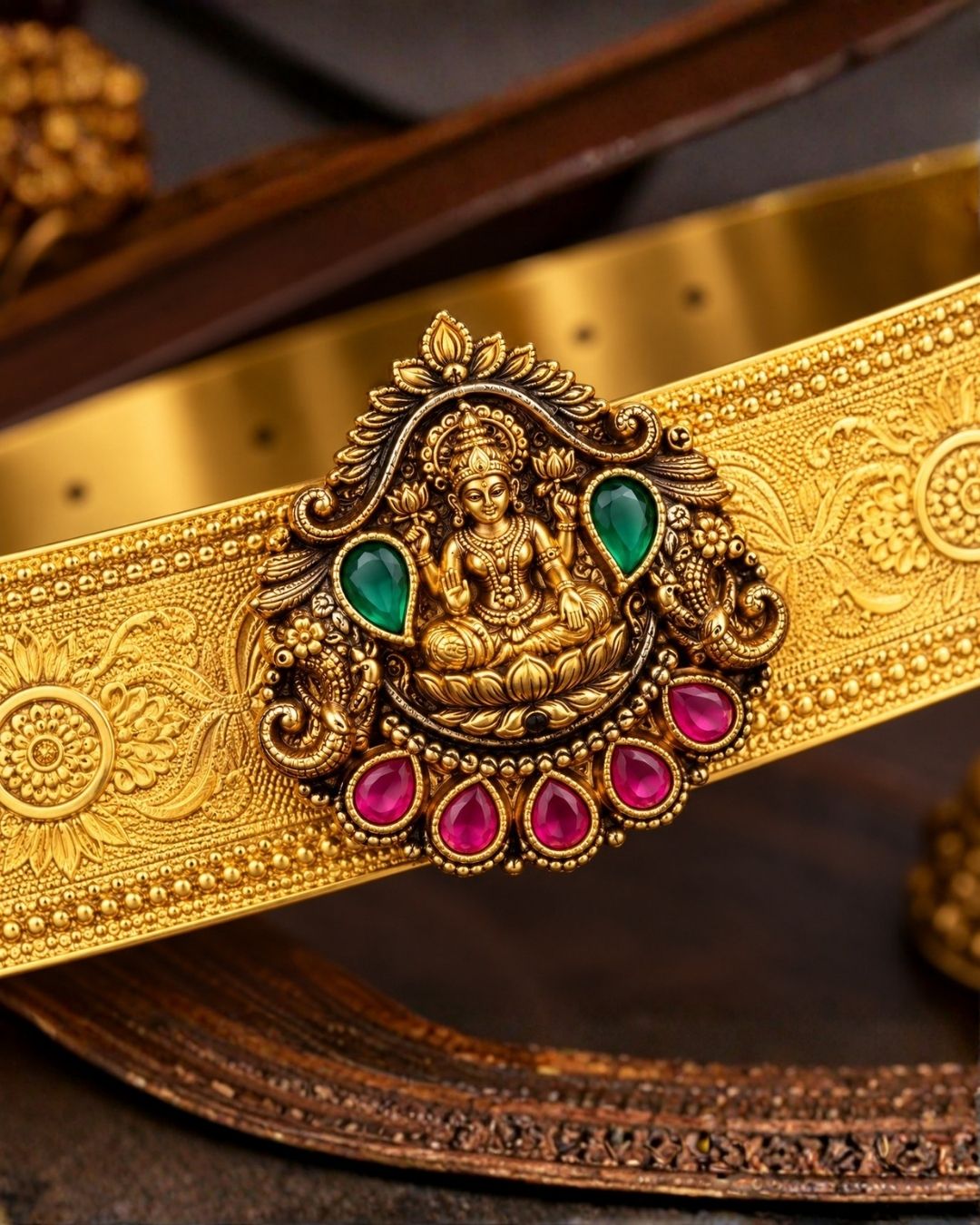 Beautiful gold plated kid’s hip belt featuring a wide engraved band with a traditional Lakshmi centerpiece decorated with ruby and green stones. Perfect for traditional wear, weddings, festive occasions, cultural events, parties, and gifting.