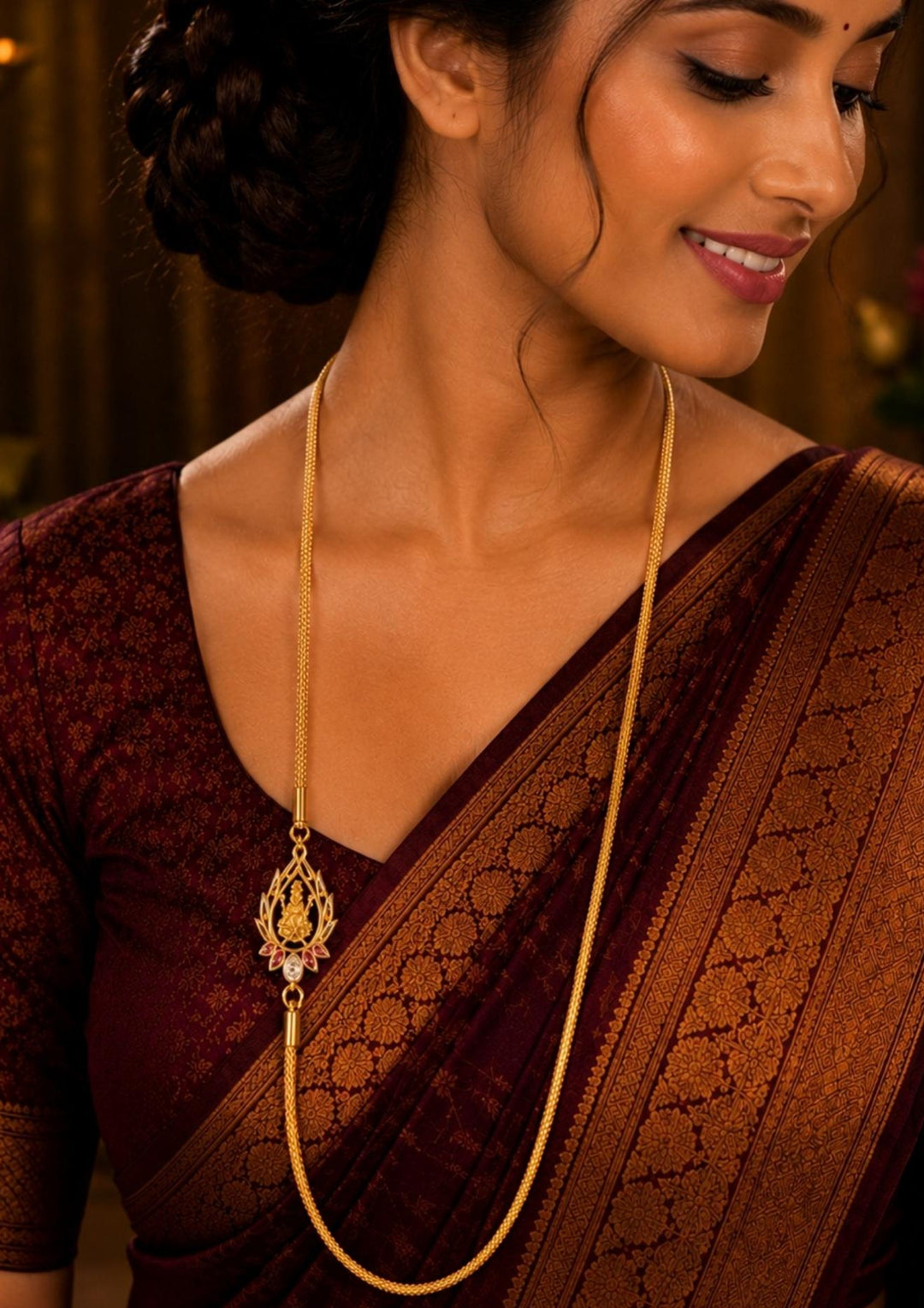 South indian women wearing a gold plated thali chain featuring a beautifully crafted central Goddess Lakshmi mogappu side pendant embellished with sparkling white zircon stones and ruby pink gemstone accents. This high-quality classic woven chain design mimics a premium gold wedding chain, providing a rich and traditional appearance suitable for weddings, festivals, poojas, daily wear, family functions, traditional sarees, and ethnic outfits with skin-friendly quality, anti-fade long-lasting polish, comfort