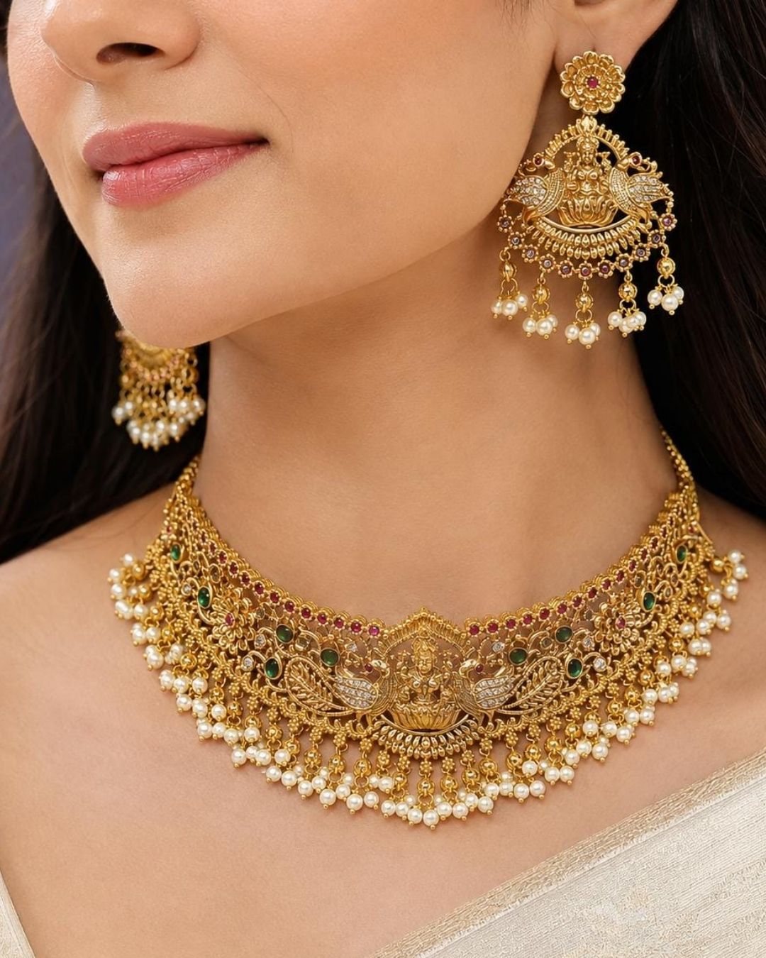 South indian women Beautiful temple-style gold plated jewellery set featuring an elaborate necklace adorned with peacock motifs, green and ruby stones, intricate traditional detailing, and cascading pearl drops, paired with matching earrings.