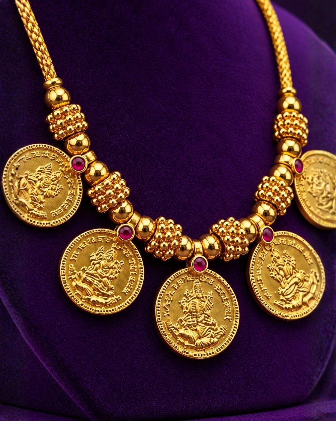 Gold plated Laxmi coin necklace featuring traditional Lakshmi motif coins with elegant temple-inspired craftsmanship. Perfect for festivals, poojas and traditional occasions.