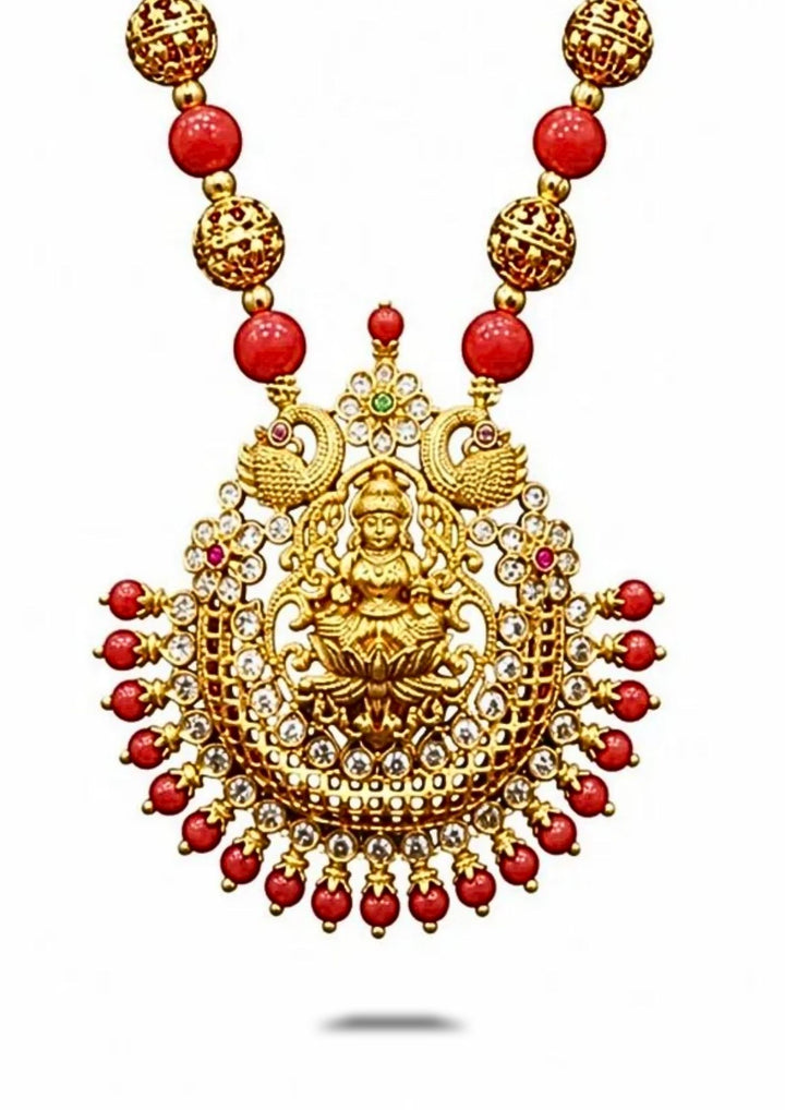 Gold Plated pendnet with whte background coral laxmi necklace single line with peacock design, intricate, delicate for functional wear, festive and used for taitional cermonys south indian women