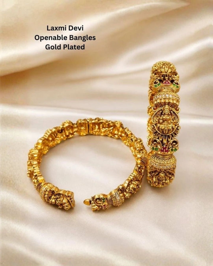 Jadau Kundan Gold Plated Temple  Laxmi Devi Openable Bangles (Set of 2)