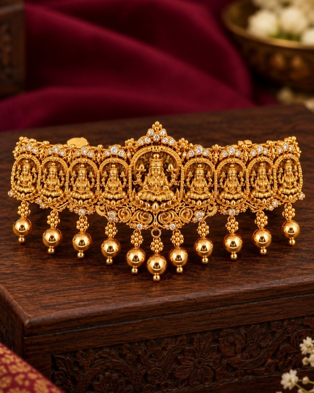 Laxmi gold plated hair clip designed with goddess Lakshmi in antique temple jewelry design, shining with white stones and hanging gold bead drops, with metal clip closure, suitable for bridal hairstyles, weddings, festivals, poojas, Bharatanatyam, sarees, lehengas, and traditional South Indian ethnic hair styling with rich royal appearance.