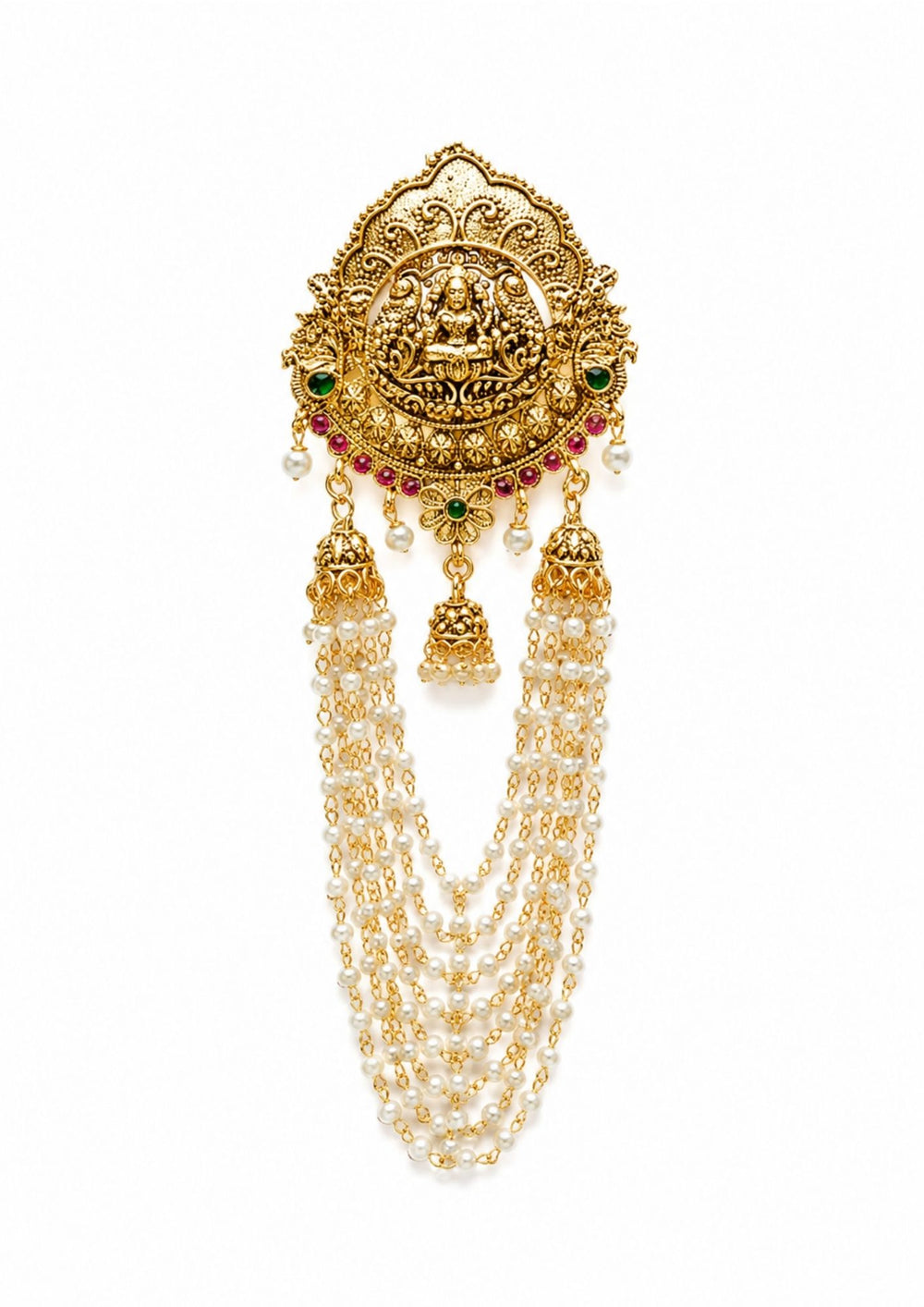 Gold hair accessories with intricate design and beads on a white background Gold-plated hair accessory with Laxmi multi layer beads and it image looks very clear and in image shown clearly how it looks and even back also added in image can be used for bridals , weeding's and festivals these are anti faded 