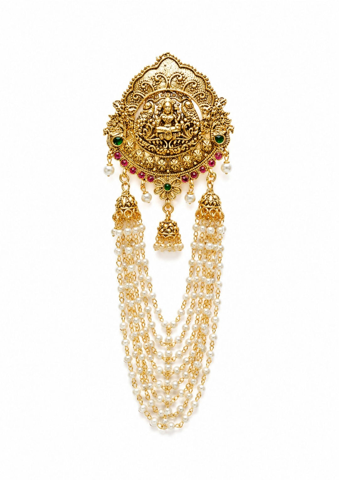 Gold hair accessories with intricate design and beads on a white background Gold-plated hair accessory with Laxmi multi layer beads and it image looks very clear and in image shown clearly how it looks and even back also added in image can be used for bridals , weeding's and festivals these are anti faded 