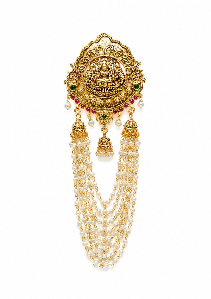 Gold hair accessories with intricate design and beads on a white background Gold-plated hair accessory with Laxmi multi layer beads and it image looks very clear and in image shown clearly how it looks and even back also added in image can be used for bridals , weeding's and festivals these are anti faded 