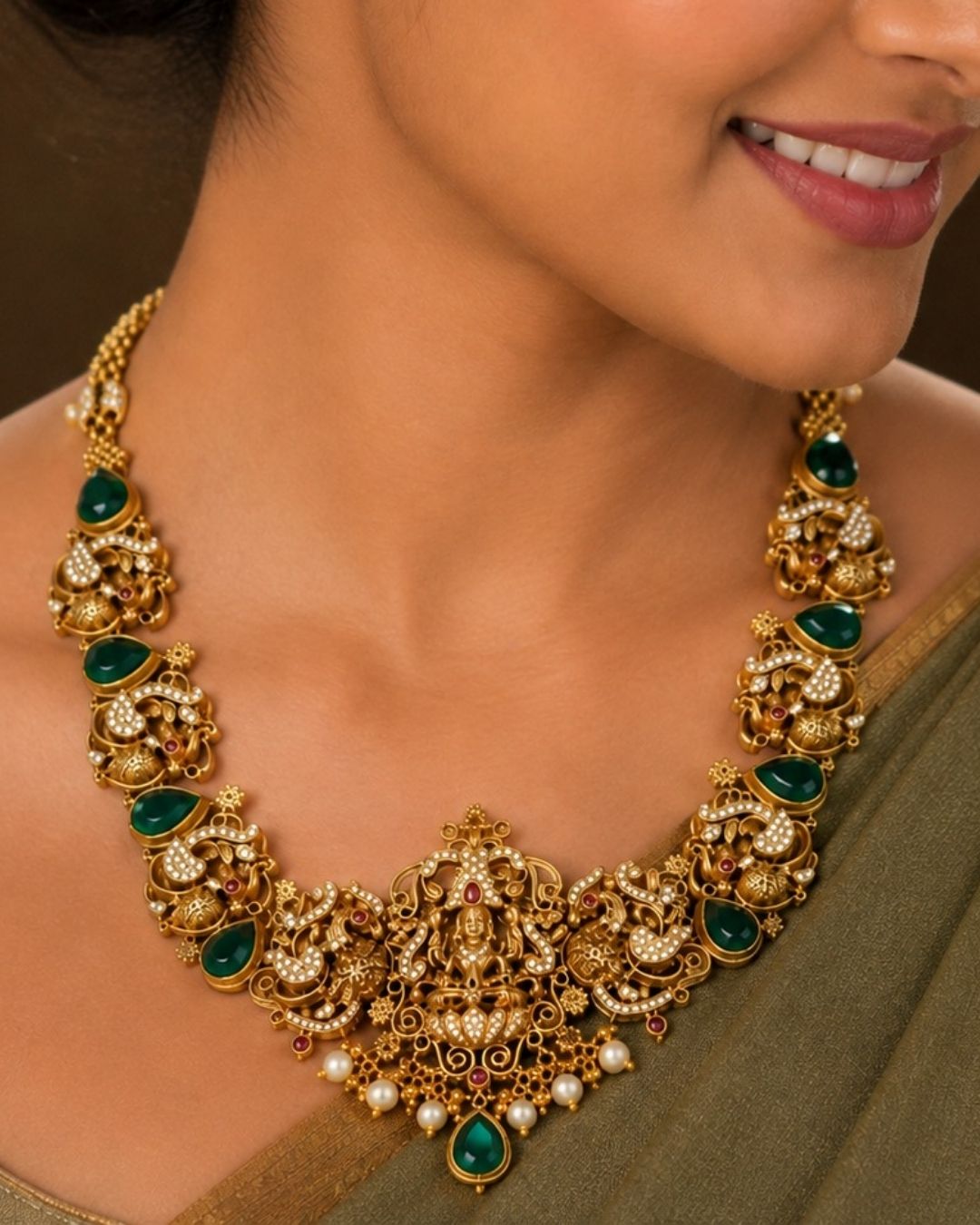 A close-up of a south indian woman wearing an ornate traditional gold necklace with emerald green stones and white pearl-like accents.