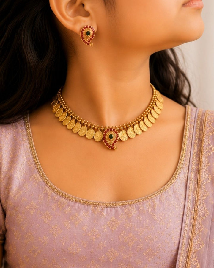 Kundan Gold Plated Kasula Temple Necklace with Earrings