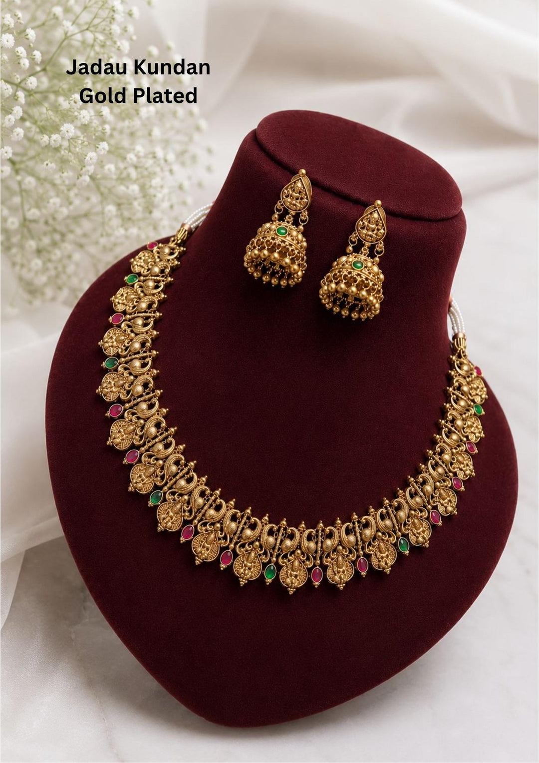 Jadau Kundan Gold Plated laxmi kasula peru haram Necklace with Earrings at Zevana. Lightweight, Anti-Tarnish, Perfect for dailywear, weddings & festivals. Pan-India delivery available.