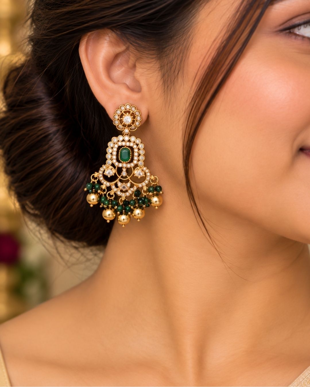 Gold Plated necklace with earrings come with emerald and in picture can see necklace and earrings clearly and can use for weeding&