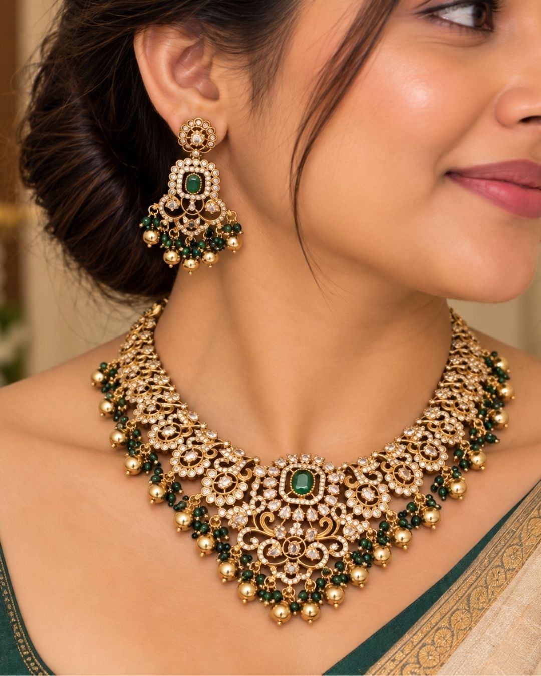 Gold Plated necklace with earrings come with emerald and in picture can see necklace and earrings clearly and can use for weeding&