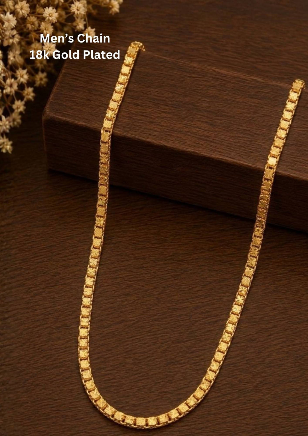 Elegant 18K gold plated Men chain featuring a sleek and lightweight chain design accented with link pattern. The simple yet stylish pattern offers a traditional South Indian look, making it ideal for daily wear, office wear, casual outings, poojas and festive occasions.