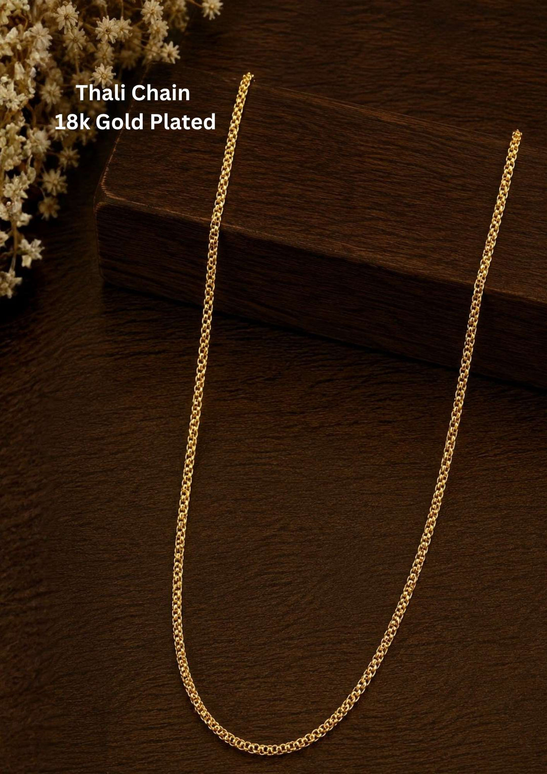 Elegant 18K gold plated Thali chain featuring a sleek and lightweight chain design accented with link pattern. The simple yet stylish pattern offers a traditional South Indian look, making it ideal for daily wear, office wear, casual outings, poojas and festive occasions.