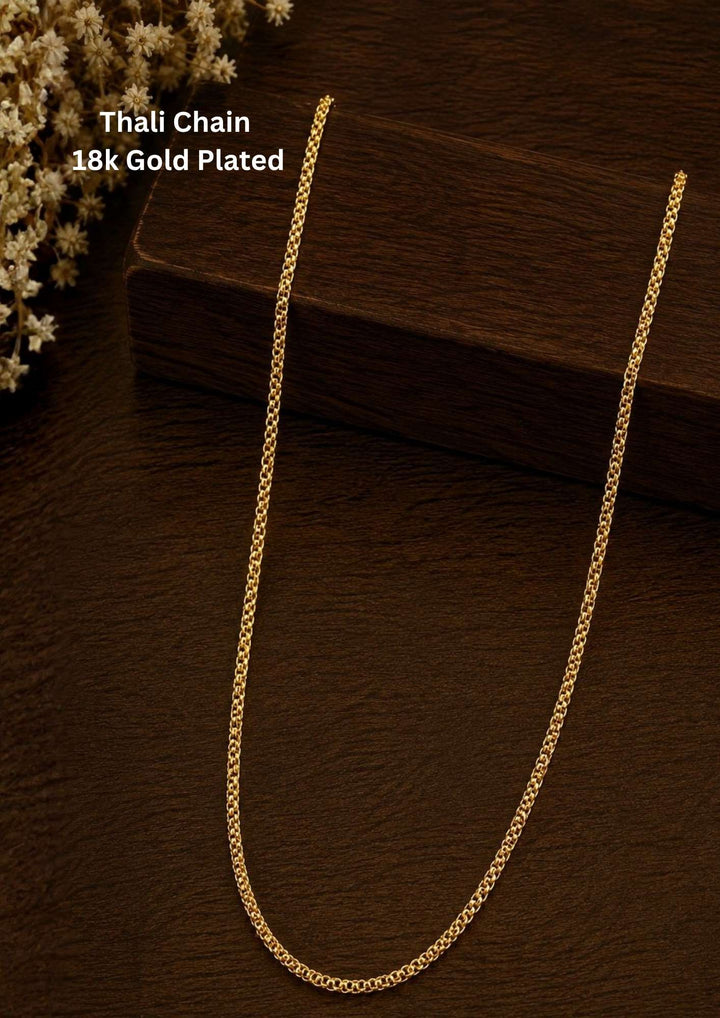Elegant 18K gold plated Thali chain featuring a sleek and lightweight chain design accented with link pattern. The simple yet stylish pattern offers a traditional South Indian look, making it ideal for daily wear, office wear, casual outings, poojas and festive occasions.
