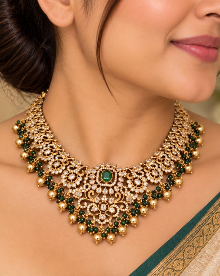 Gold Plated necklace with earrings come with emerald and in picture can see necklace and earrings clearly and can use for weeding&