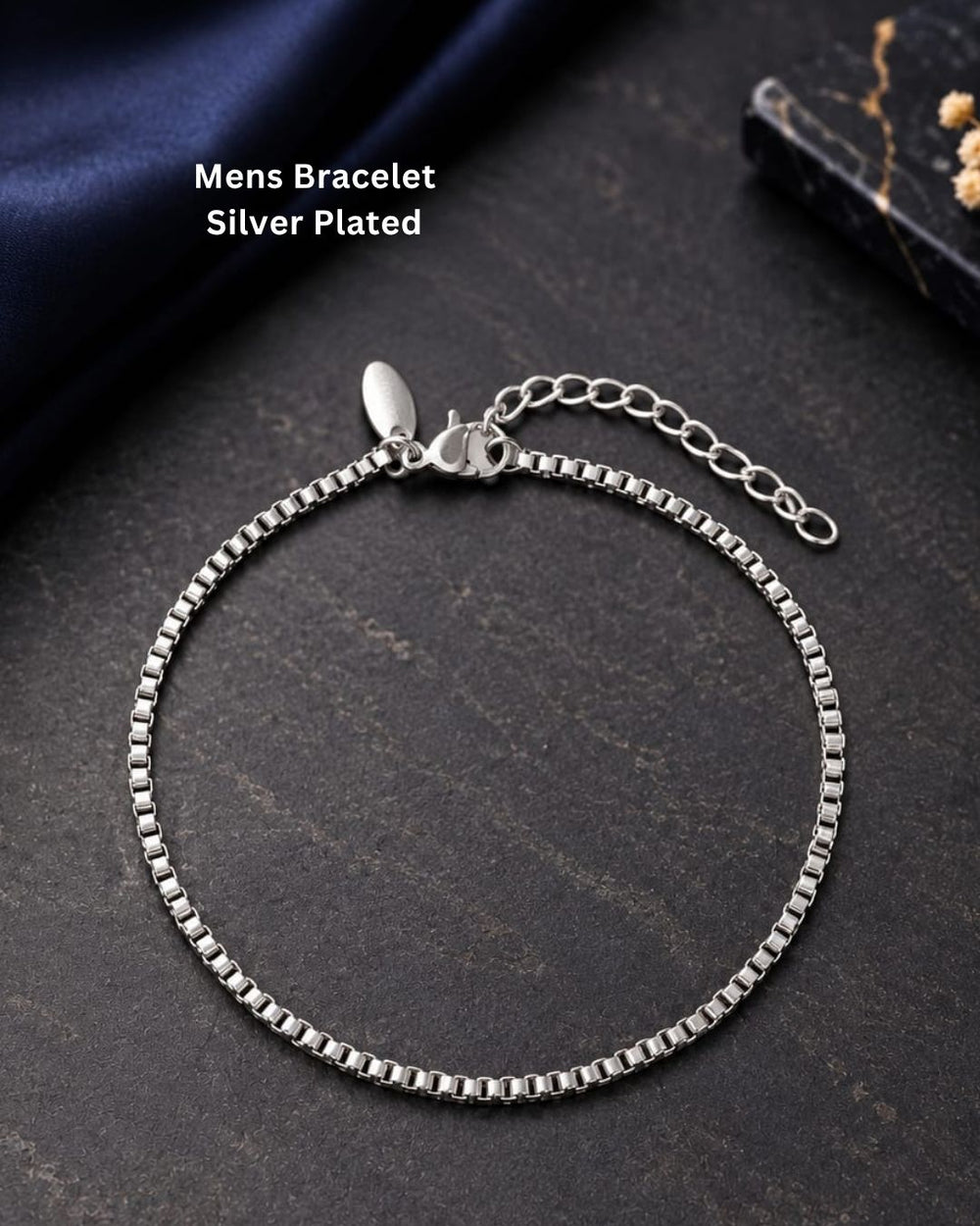 Stylish silver plated men’s bracelet featuring a sleek box chain design, adjustable extension links, and polished finish, perfect for daily wear, casual outfits, and modern styling.