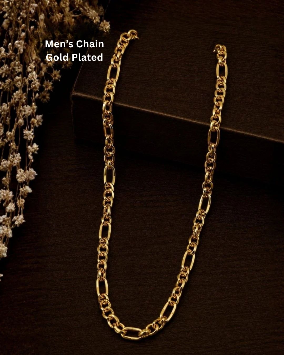 Elegant 18K gold plated Figaro chain for men showcasing alternating oval and round links, perfect for casual, festive, and formal occasions.