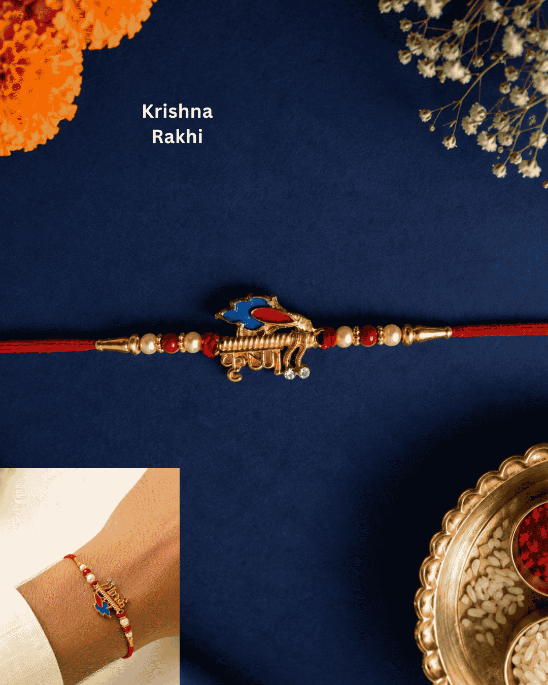 Premium Krishna Flute Rakhi with gold plated finish, peacock feather enamel charm, pearl accents, and red thread, perfect for Raksha Bandhan celebrations.