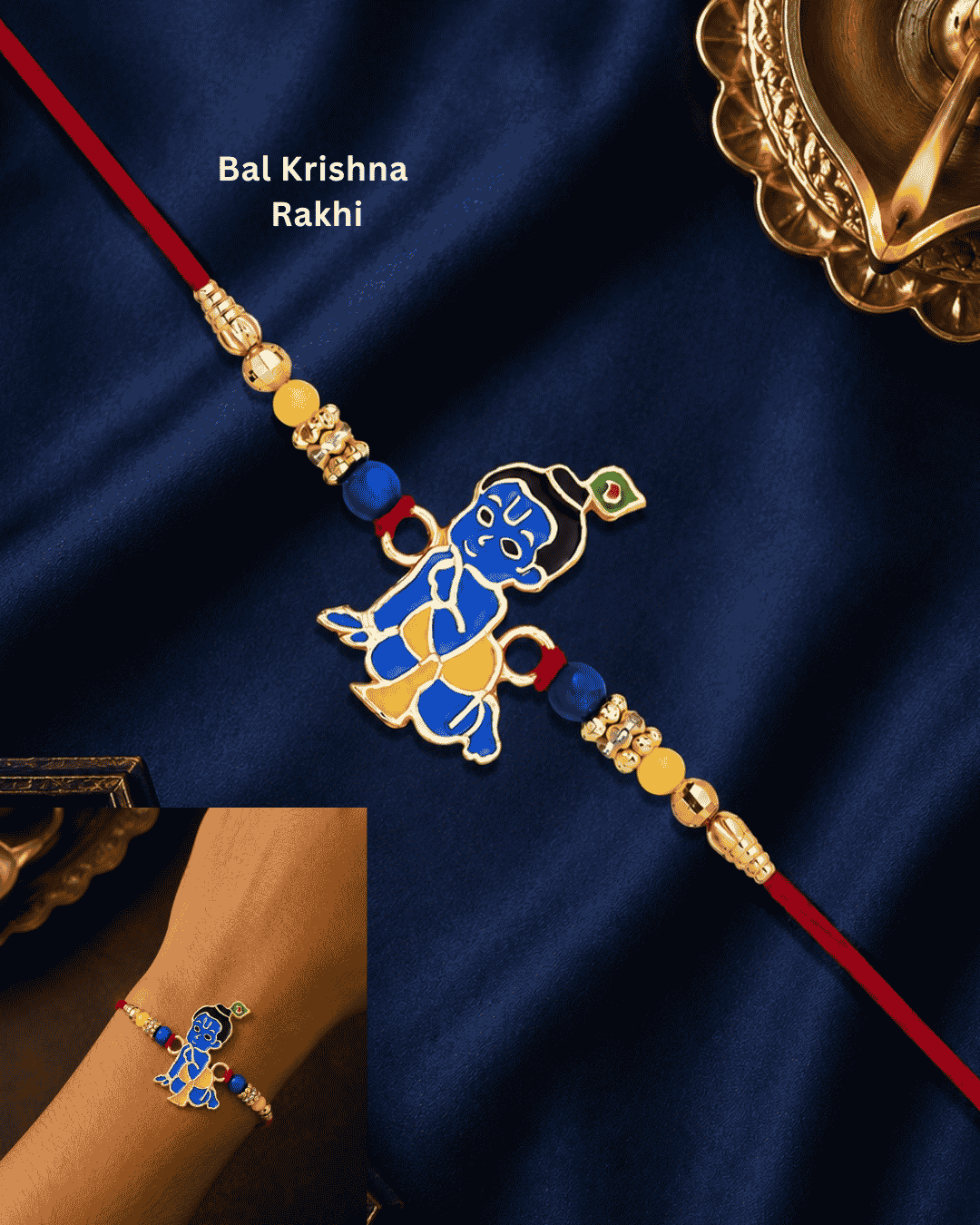 Beautiful Bal Krishna gold plated Rakhi featuring a colorful Lord Krishna design with decorative beads and premium craftsmanship. Perfect for Raksha Bandhan celebrations and thoughtful gifting.