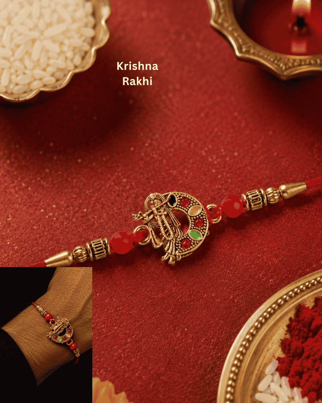 Beautiful gold plated Krishna Rakhi featuring a divine Lord Krishna design with flute, decorative red beads, and premium craftsmanship. Perfect for Raksha Bandhan gifting.