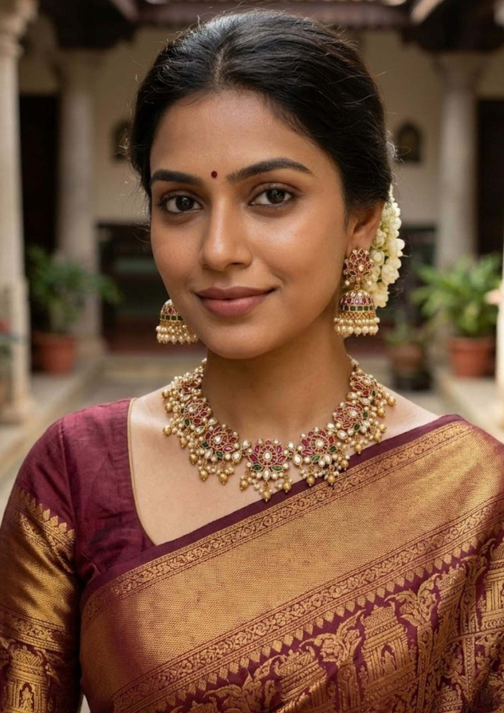 South indian women waring a traditional design necklace with earrings and lotus design shines brighter at attract and can be used for festivals and and functions 