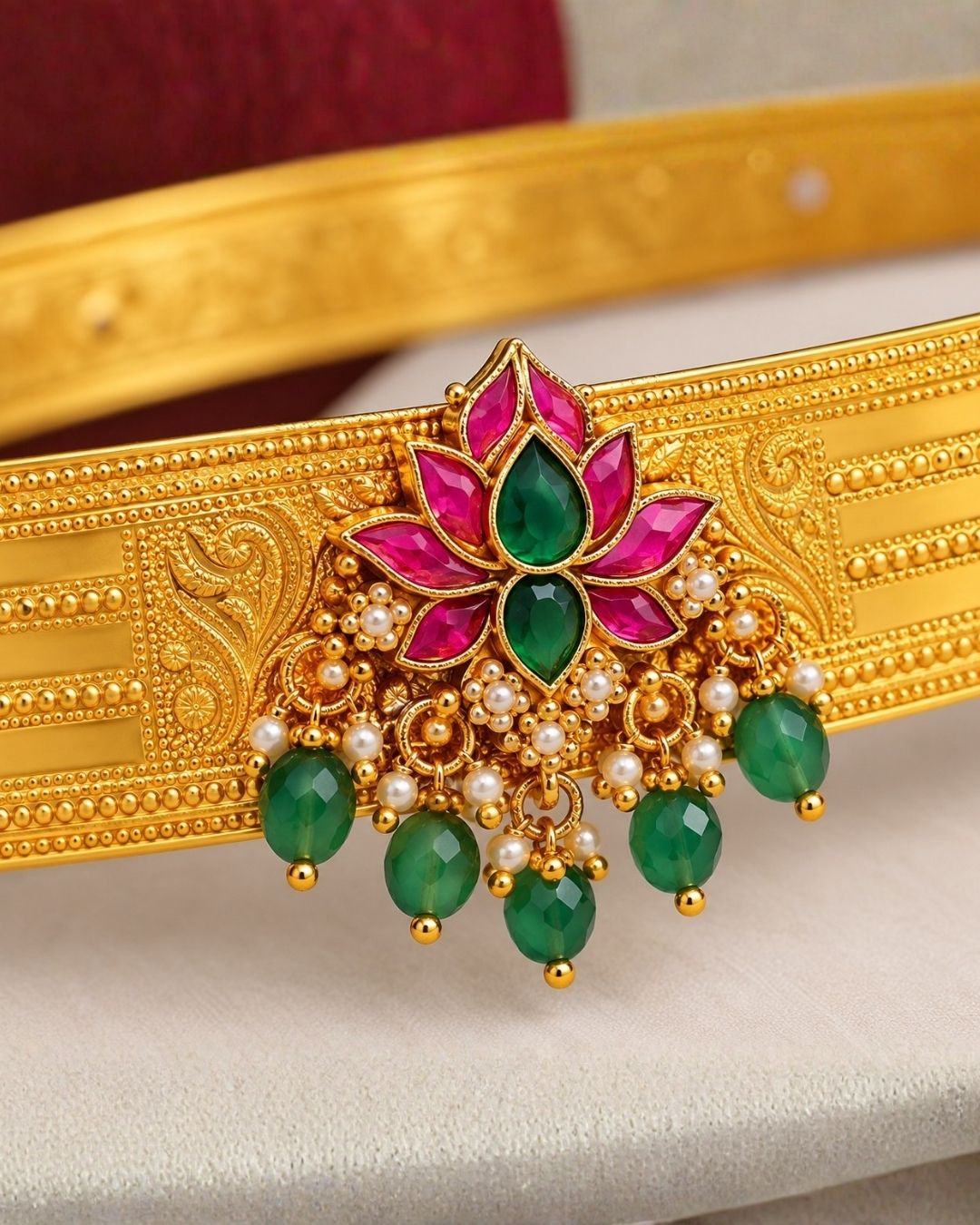 Beautiful gold plated kids hip belt featuring a wide intricately engraved band with traditional floral motifs and a decorative centerpiece adorned with vibrant green and pink stones, sparkling clear stones, and elegant green bead drops. Perfect for traditional wear, weddings, festivals, classical dance, special occasions, and gifting.