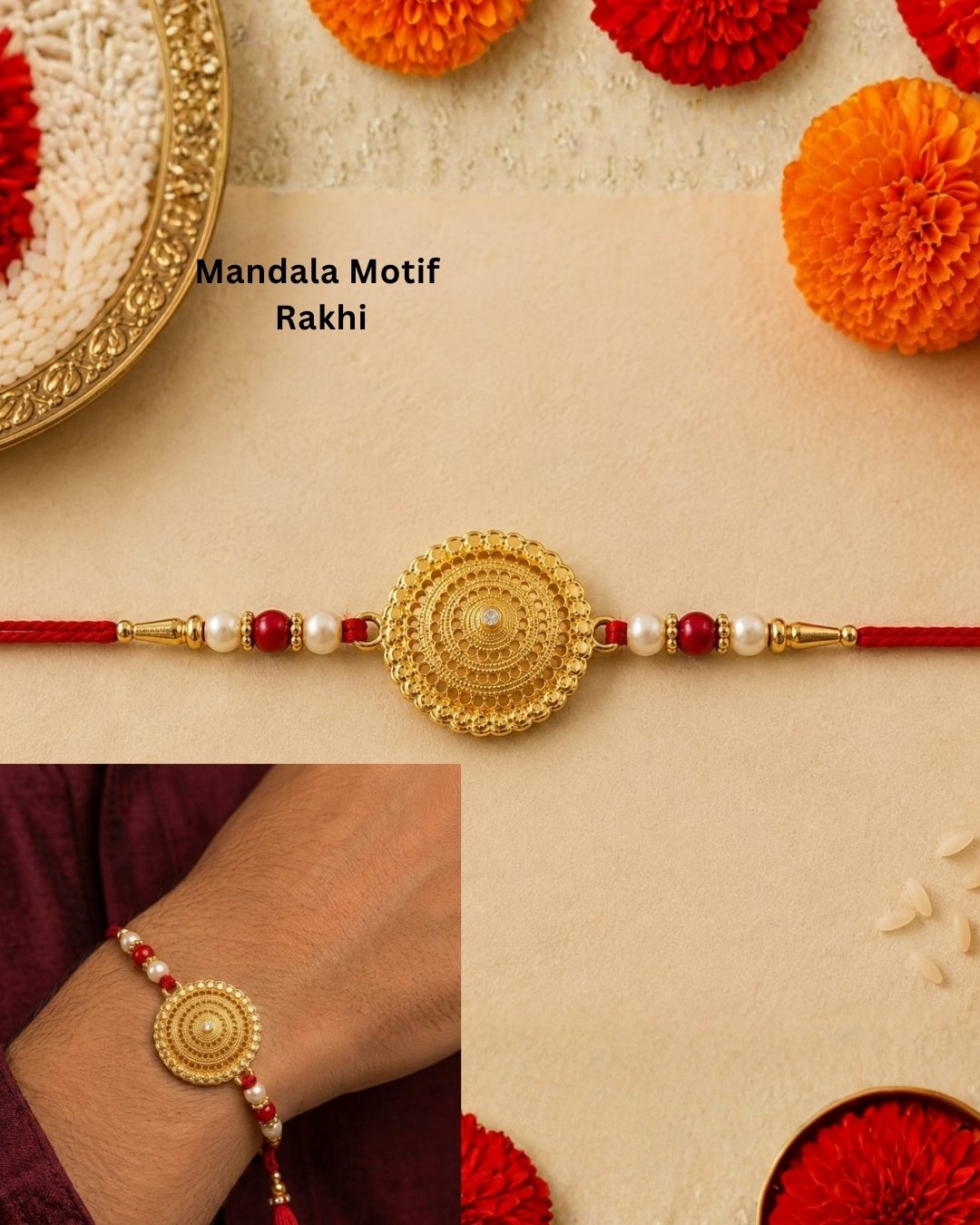 Elegant gold finish Rakhi showcasing a detailed circular mandala centerpiece with pearl and red bead embellishments on a vibrant red thread.