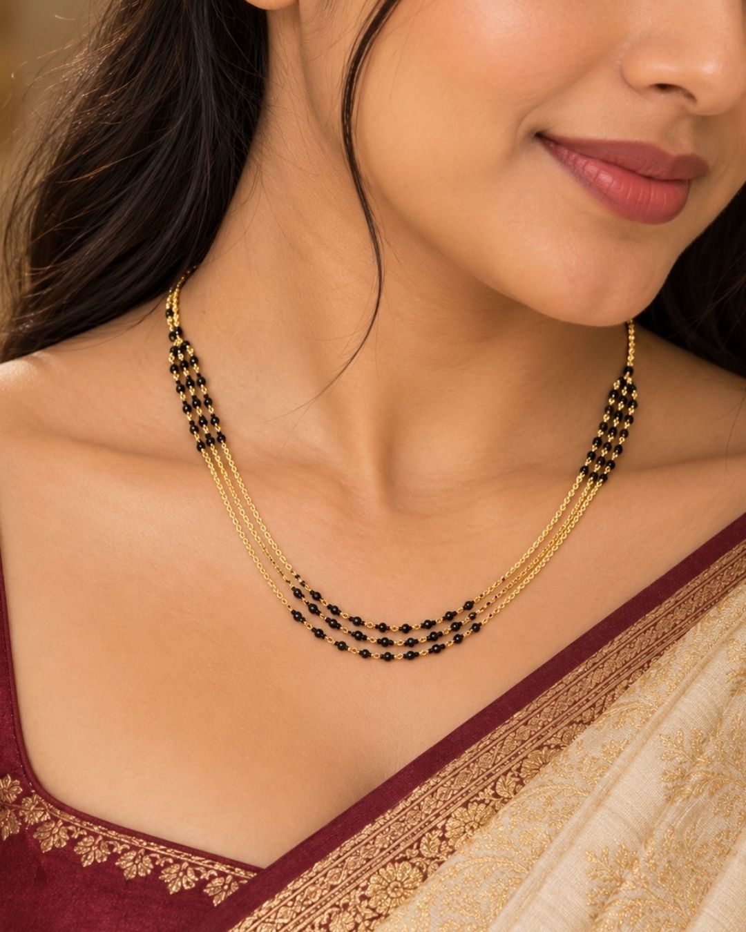 Gold Plated Three Layer Black Beads Chain